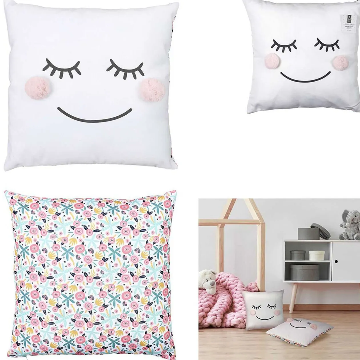 Coussin pompon biface imprimé sourire floral bleu et rose 40x40xép10cm