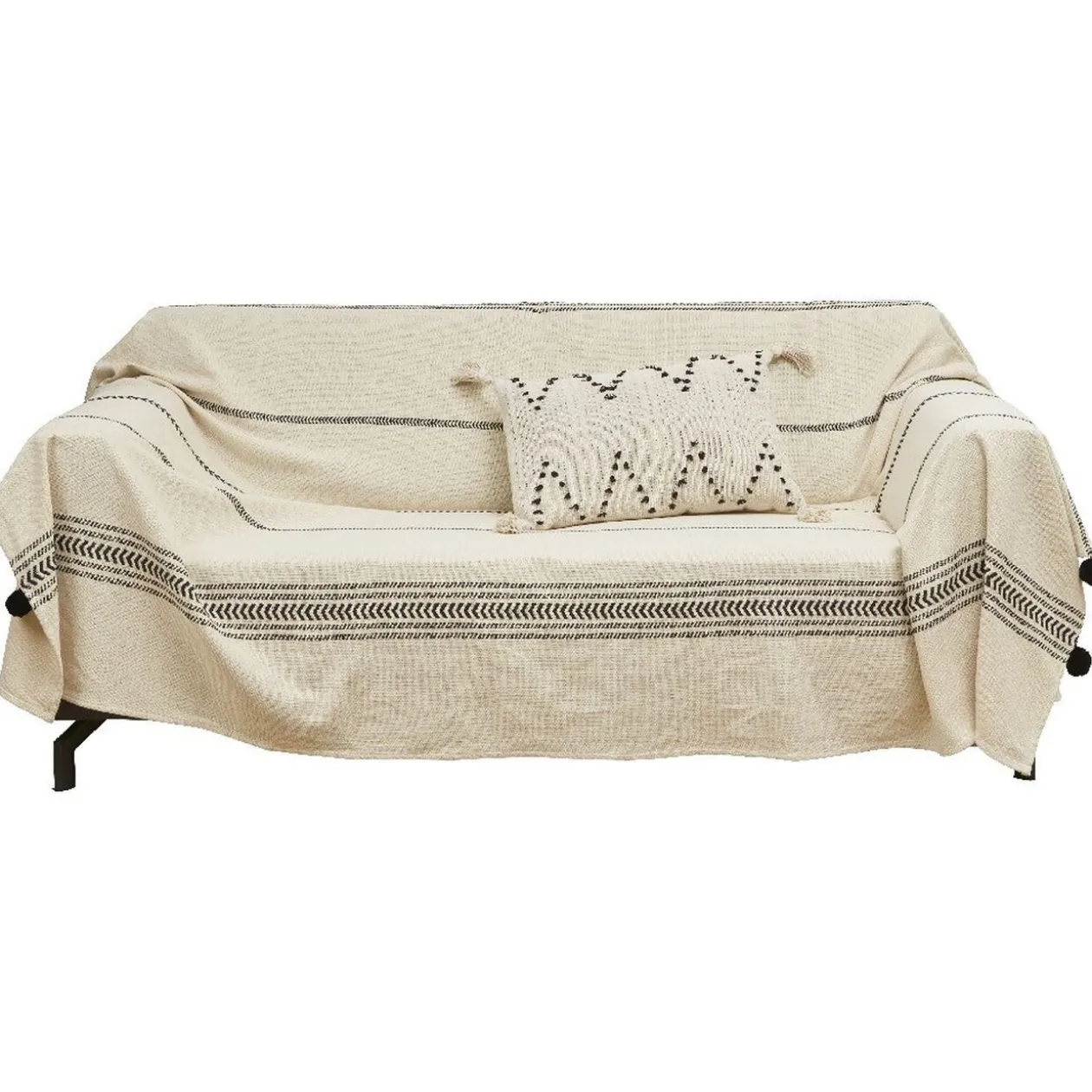 Coussin rectangulaire à pompons écru motif zig zag noir