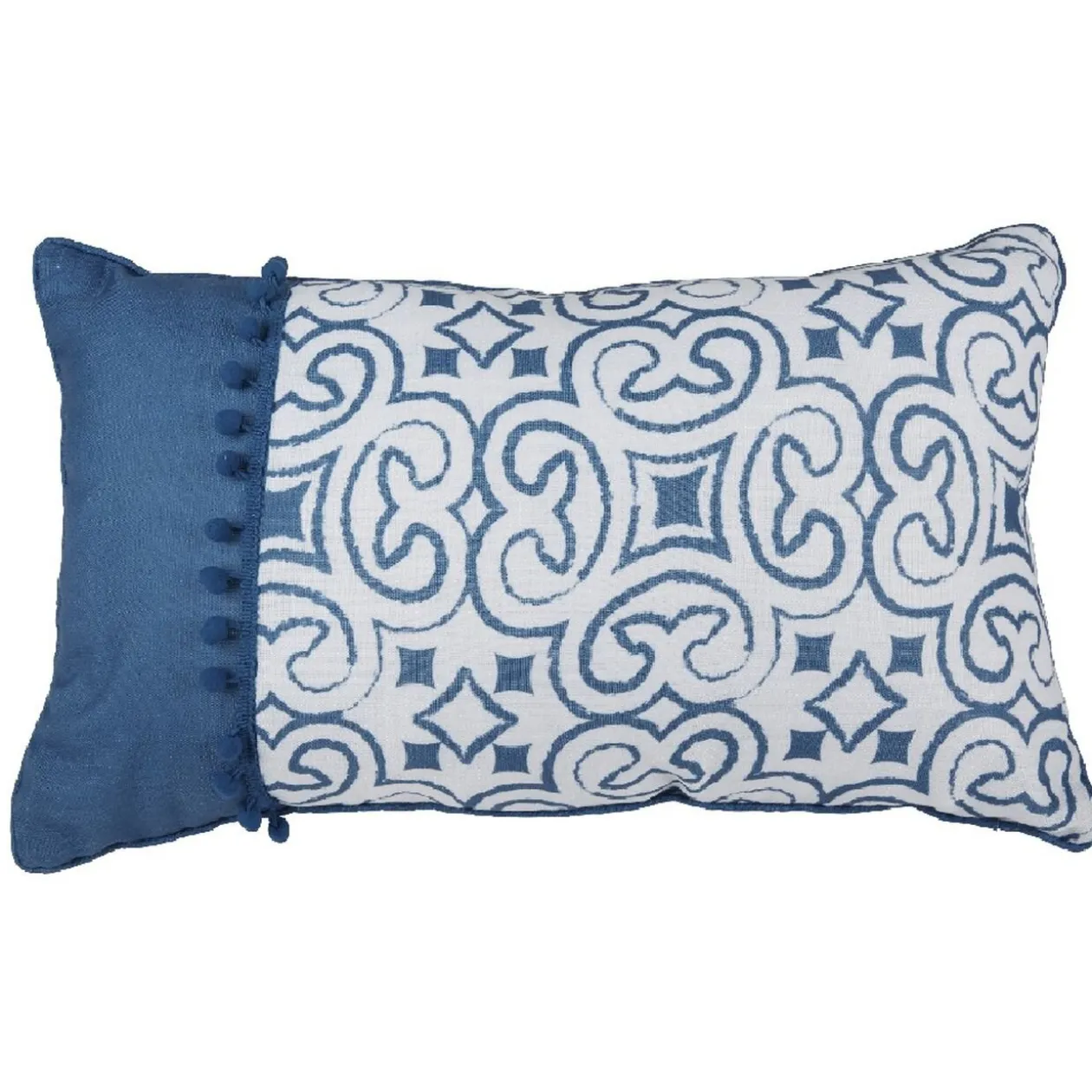 Coussin rectangulaire design Cyclade effet lin blanc et bleu