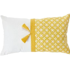 Coussin rectangulaire Dolce Vita blanc jaune pompon