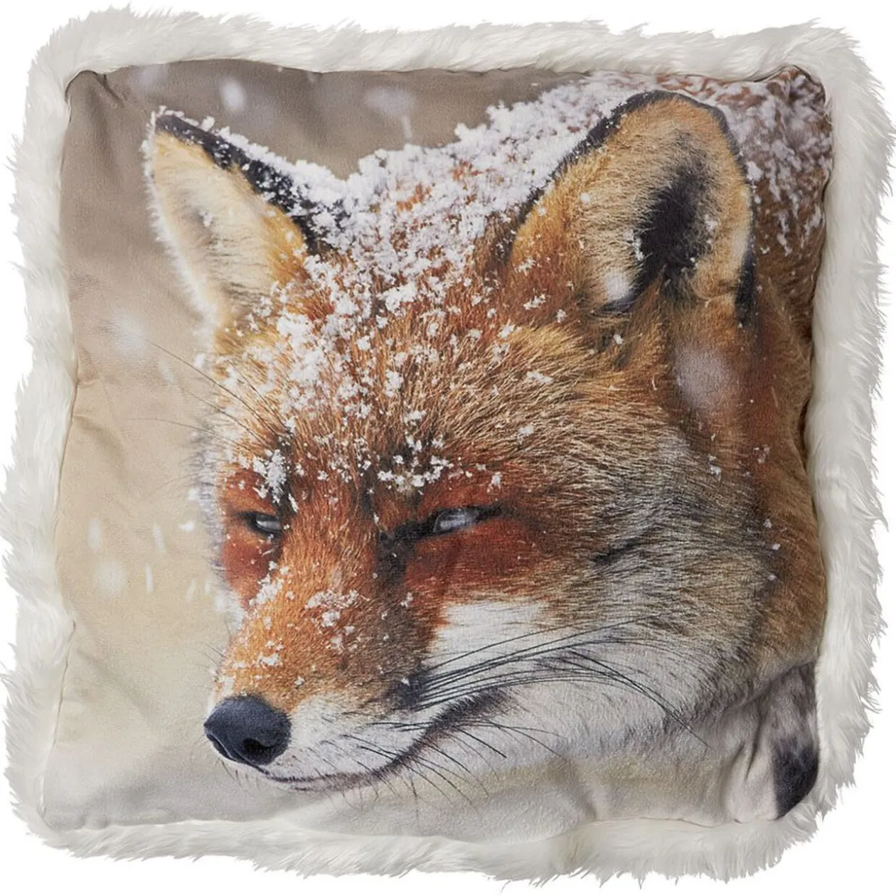 Coussin tête d'animal et neige avec bord imitation fourrure 40x40 cm