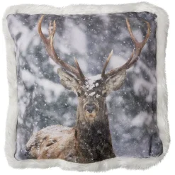 Coussin tête d'animal et neige avec bord imitation fourrure 40x40 cm