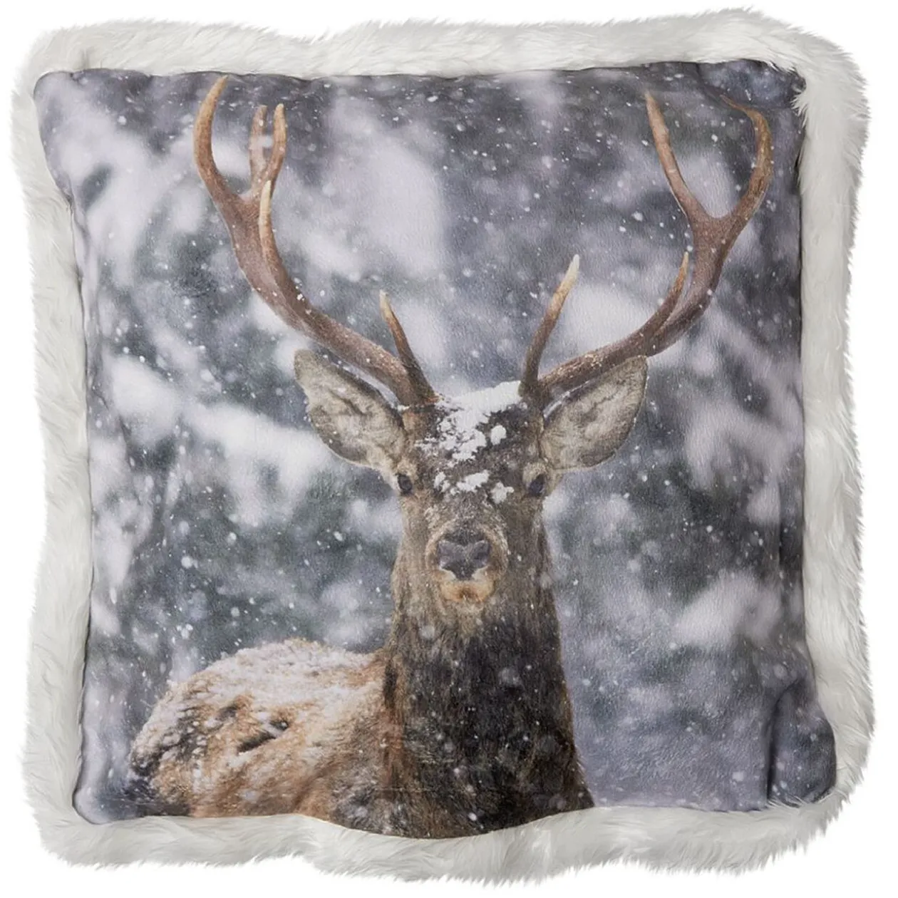 Coussin tête d'animal et neige avec bord imitation fourrure 40x40 cm