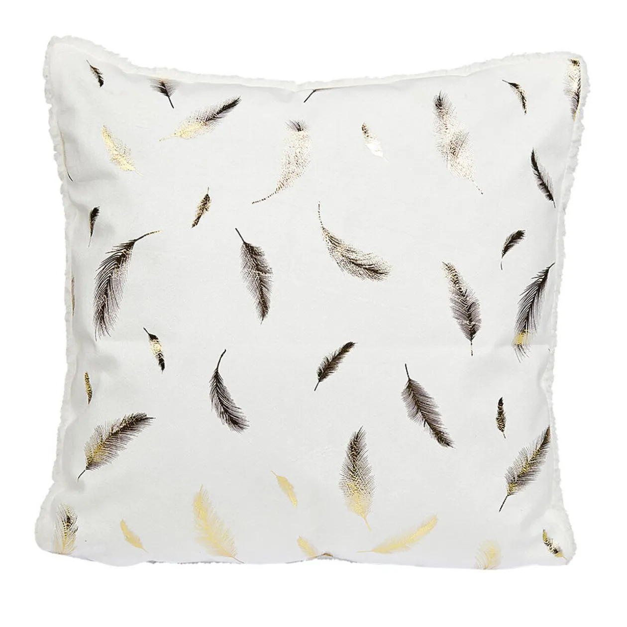 Coussin velours blanc motifs plumes dorées