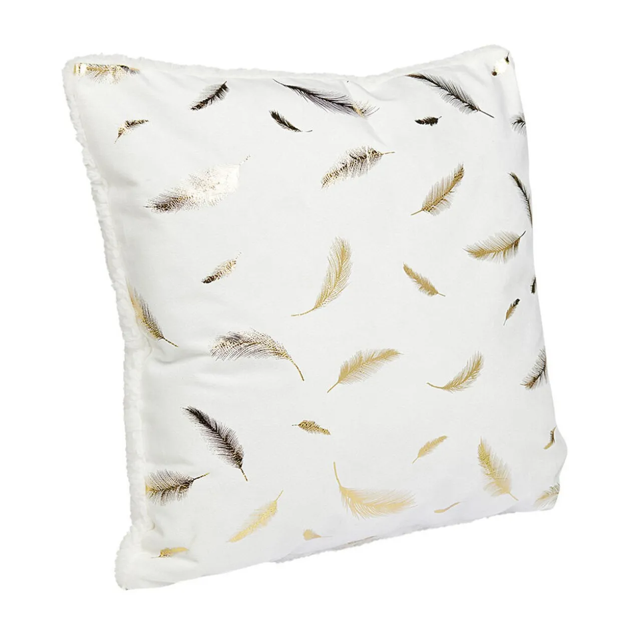Coussin velours blanc motifs plumes dorées