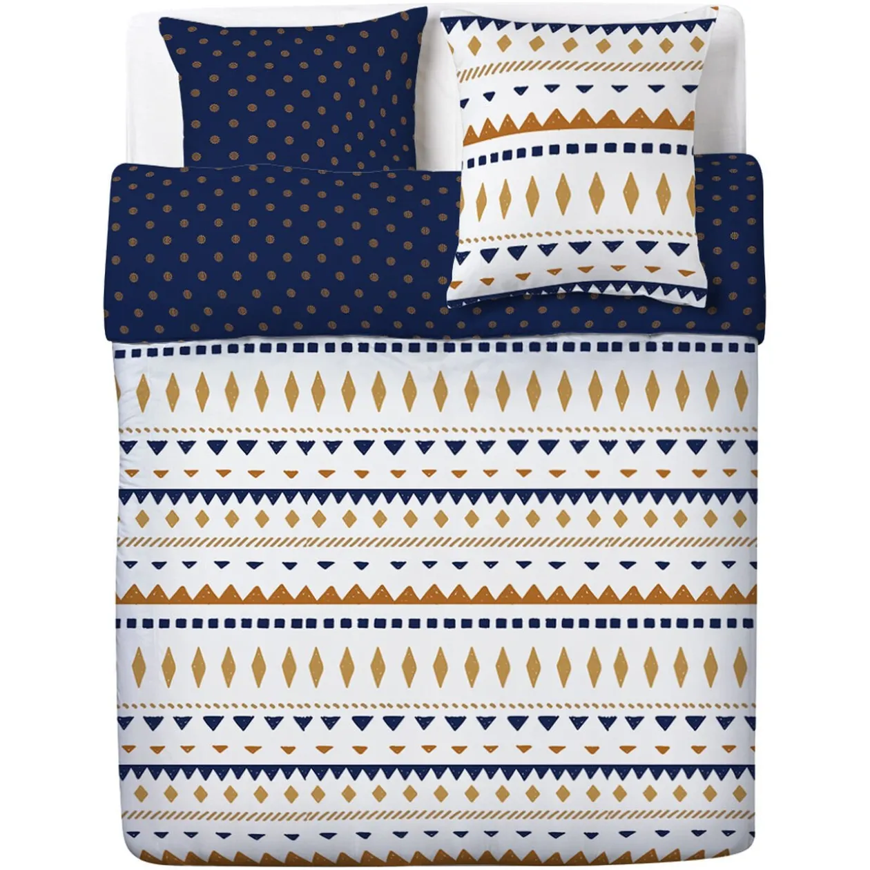 Couvre lit réversible imprimé ethnique bleu et blanc 240x220cm