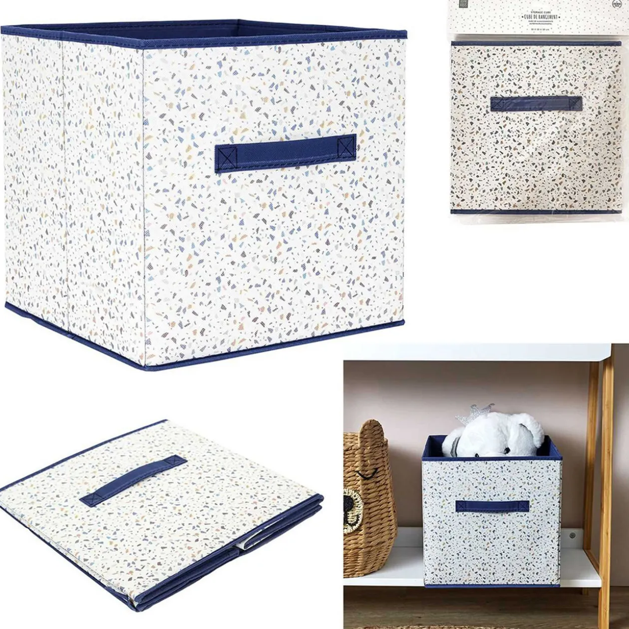 Cube de rangement enfant terrazzo blanc et bleu 30x30x30cm