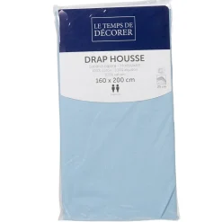 Drap housse 2 places bleu ciel uni 160 x 200 cm