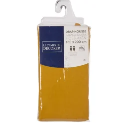 Drap housse uni 2 personnes jaune moutarde