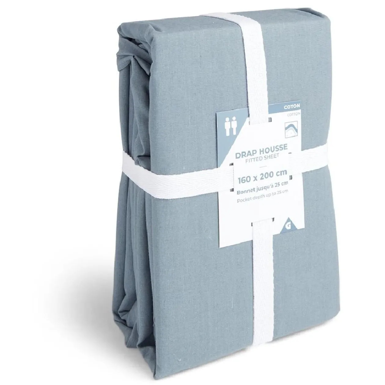 Drap housse 160x200cm 100% coton bleu chiné