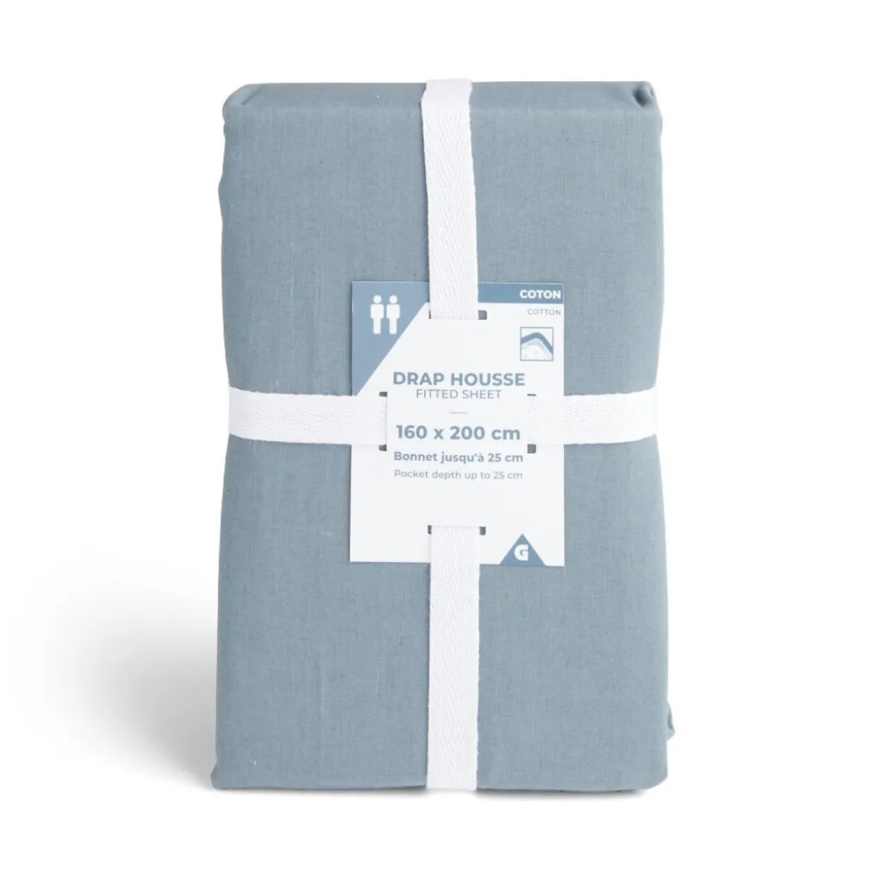 Drap housse 160x200cm 100% coton bleu chiné