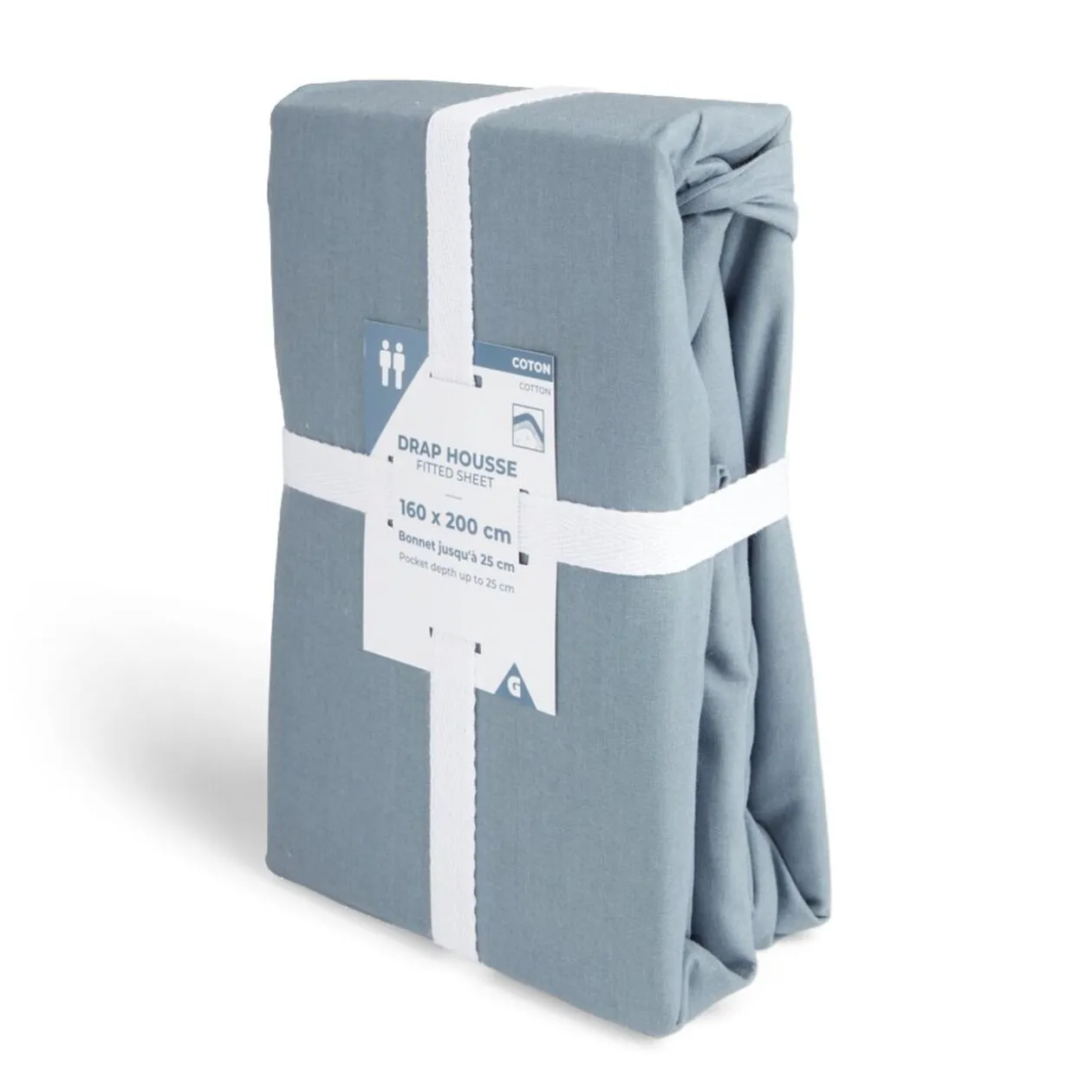 Drap housse 160x200cm 100% coton bleu chiné
