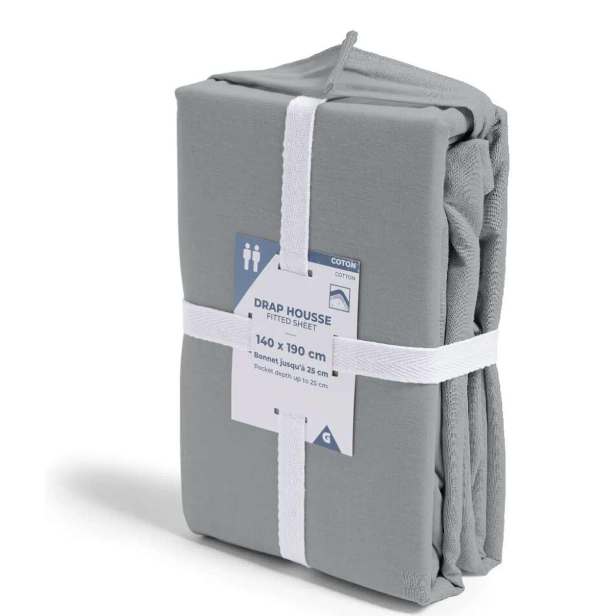 Drap housse 140x190cm 100% coton gris clair