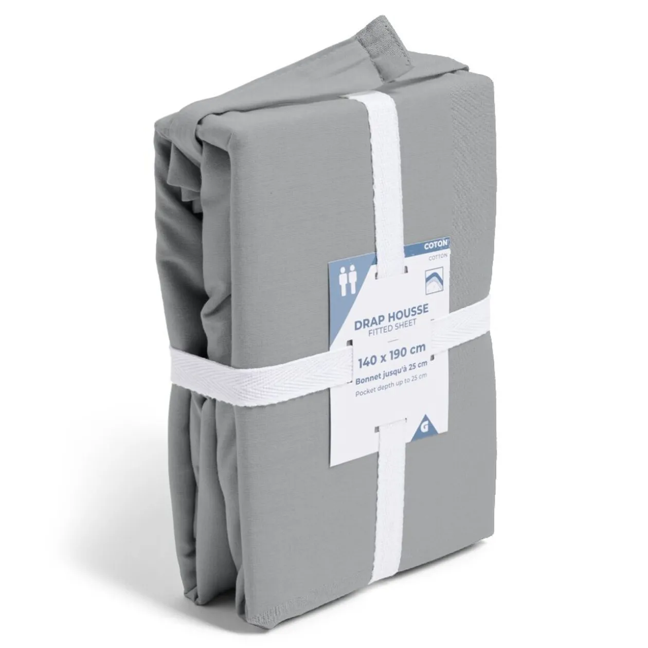 Drap housse 140x190cm 100% coton gris clair