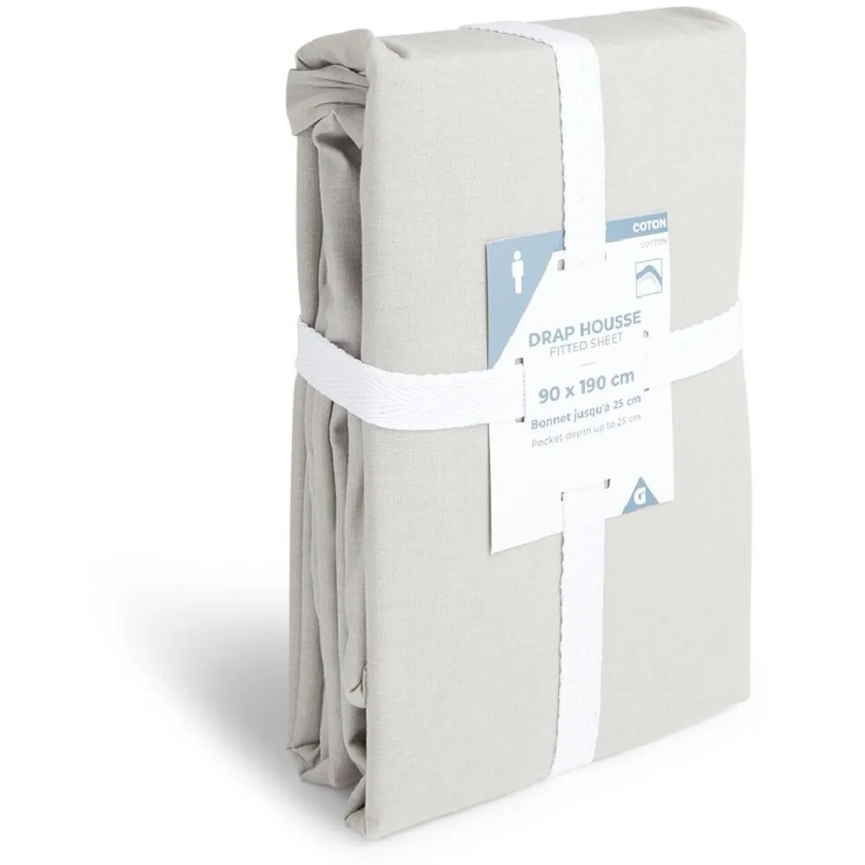 Drap housse 90x190cm 100% coton gris clair