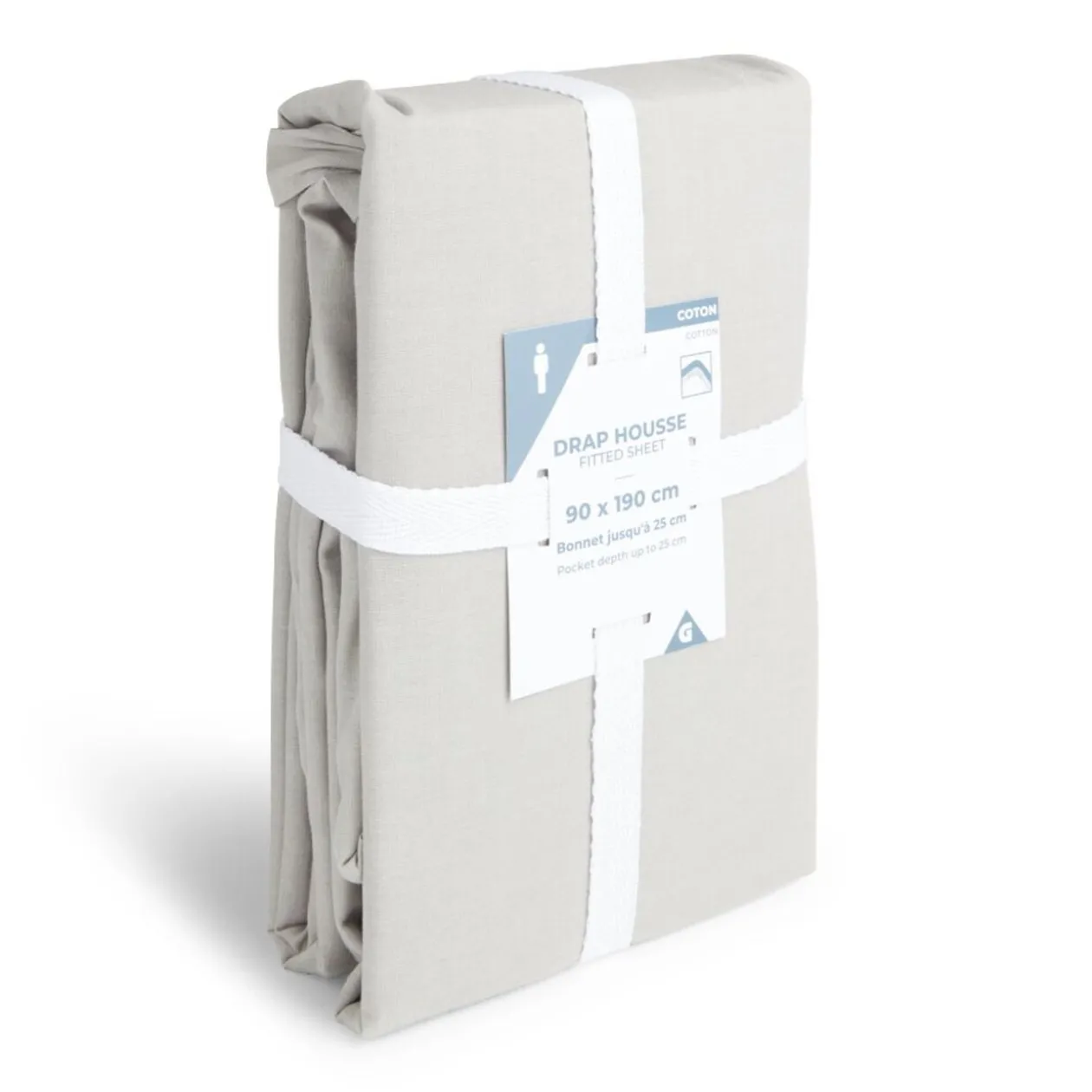 Drap housse 90x190cm 100% coton gris clair