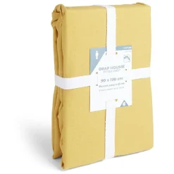 Drap housse 90x190cm 100% coton jaune moutarde