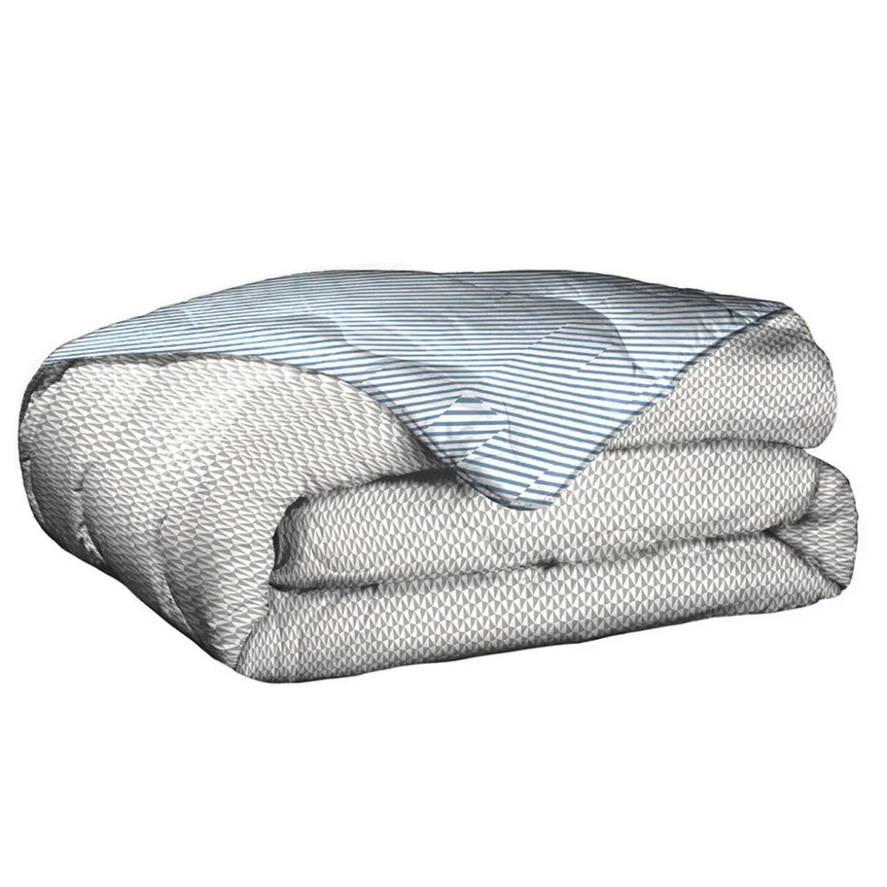 Edredon bi-face graphique taupe rayé bleu