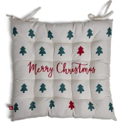 Galette de chaise carrée Noël Merry Christmas motif sapin vert 40x40cm