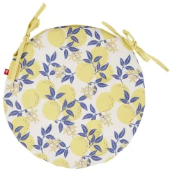 Galette de chaise ronde motif citron jaune et feuille bleue Ø38cm
