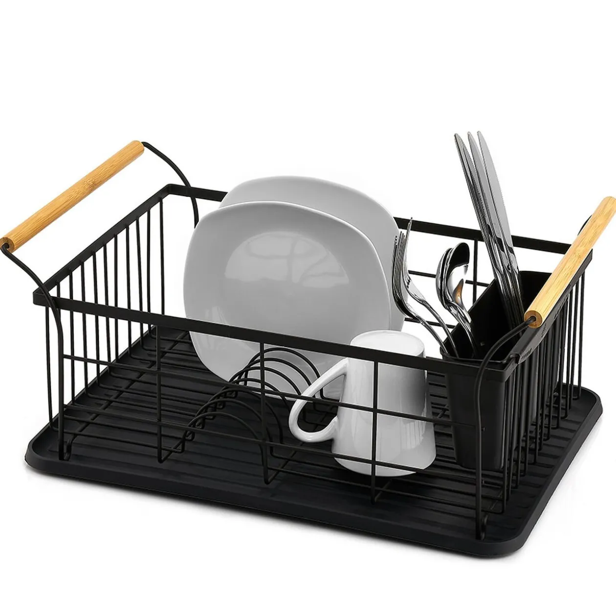 Égouttoir range-couverts poignées bambou plateau noir mat