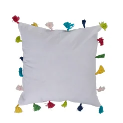Housse de coussin carrée Caraïbes blanc à pompons multicolores