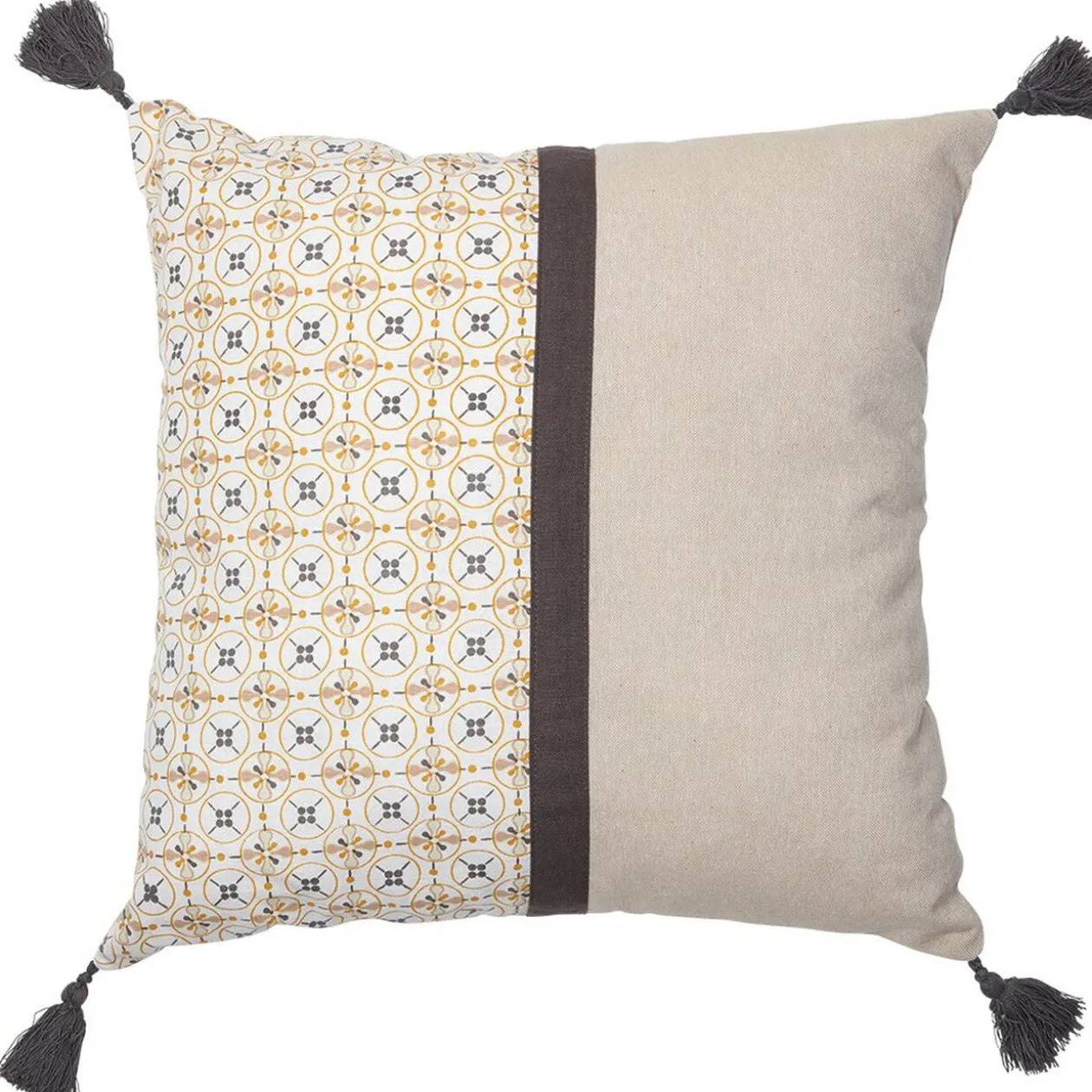 Housse de coussin coton chambray avec pompons jaune marron