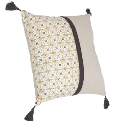 Housse de coussin coton chambray avec pompons jaune marron