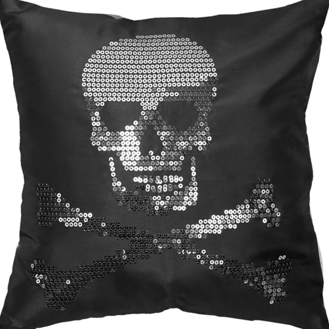 Housse de coussin noire design tête de mort argent