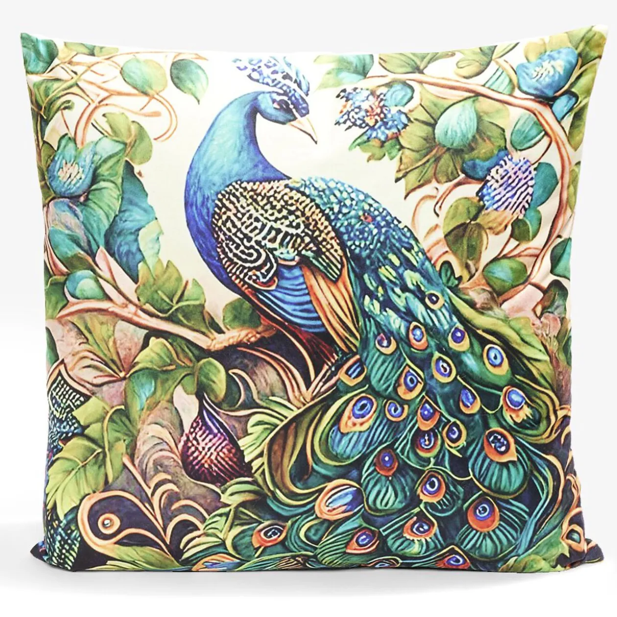 Housse de coussin velours recto à motif paon 45x45cm