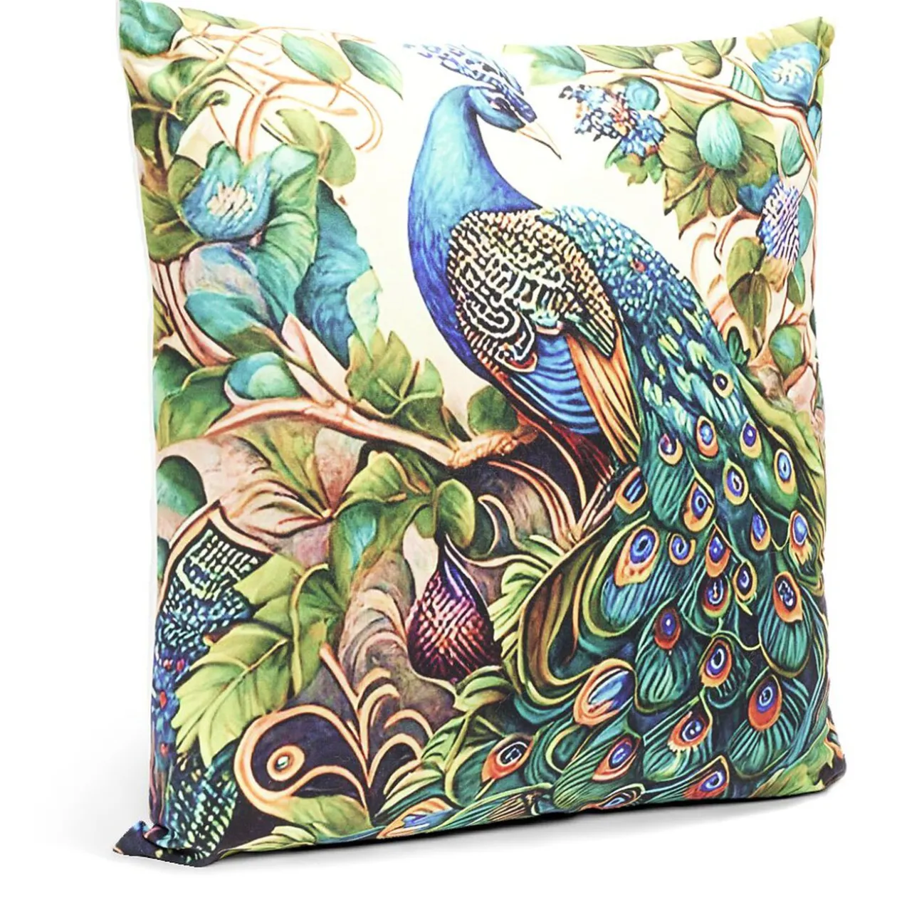 Housse de coussin velours recto à motif paon 45x45cm