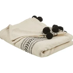 Jeté de canapé à pompons écru motif zig zag noir