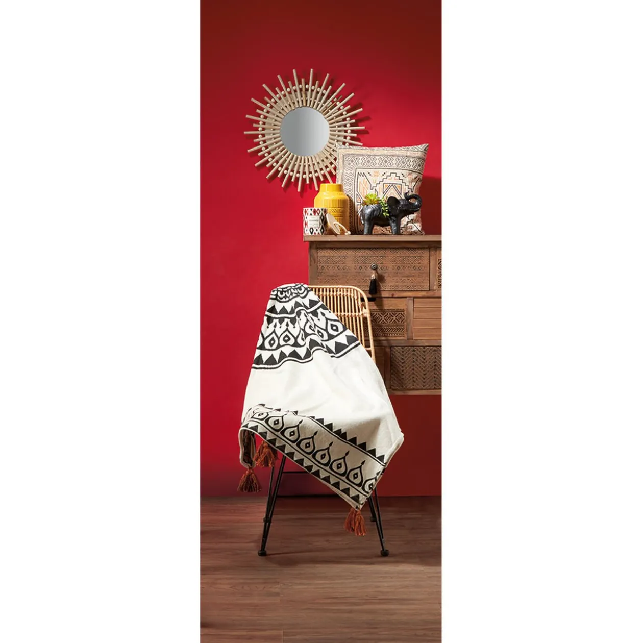 Jeté de canapé tufté motif mandala noir et blanc