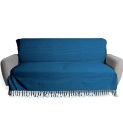 Jeté de canapé 170x250cm à franges 100% coton bleu