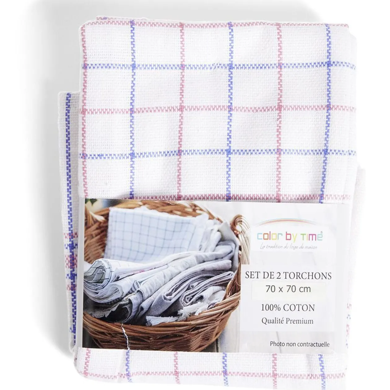 Lot de 2 torchons coton blanc à carreaux 70x70cm