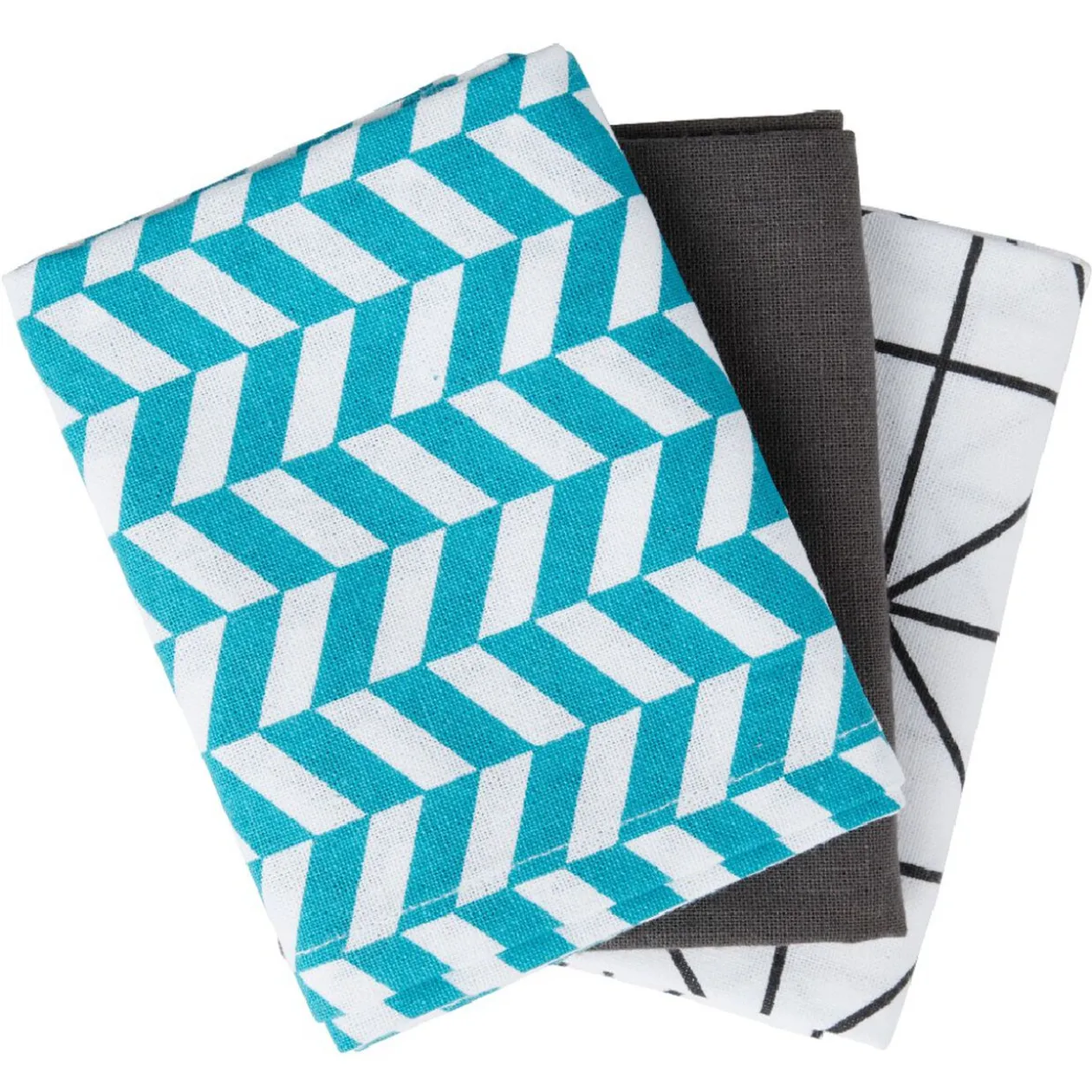 Lot de 3 torchons en coton, 2 unis + 1 imprimé