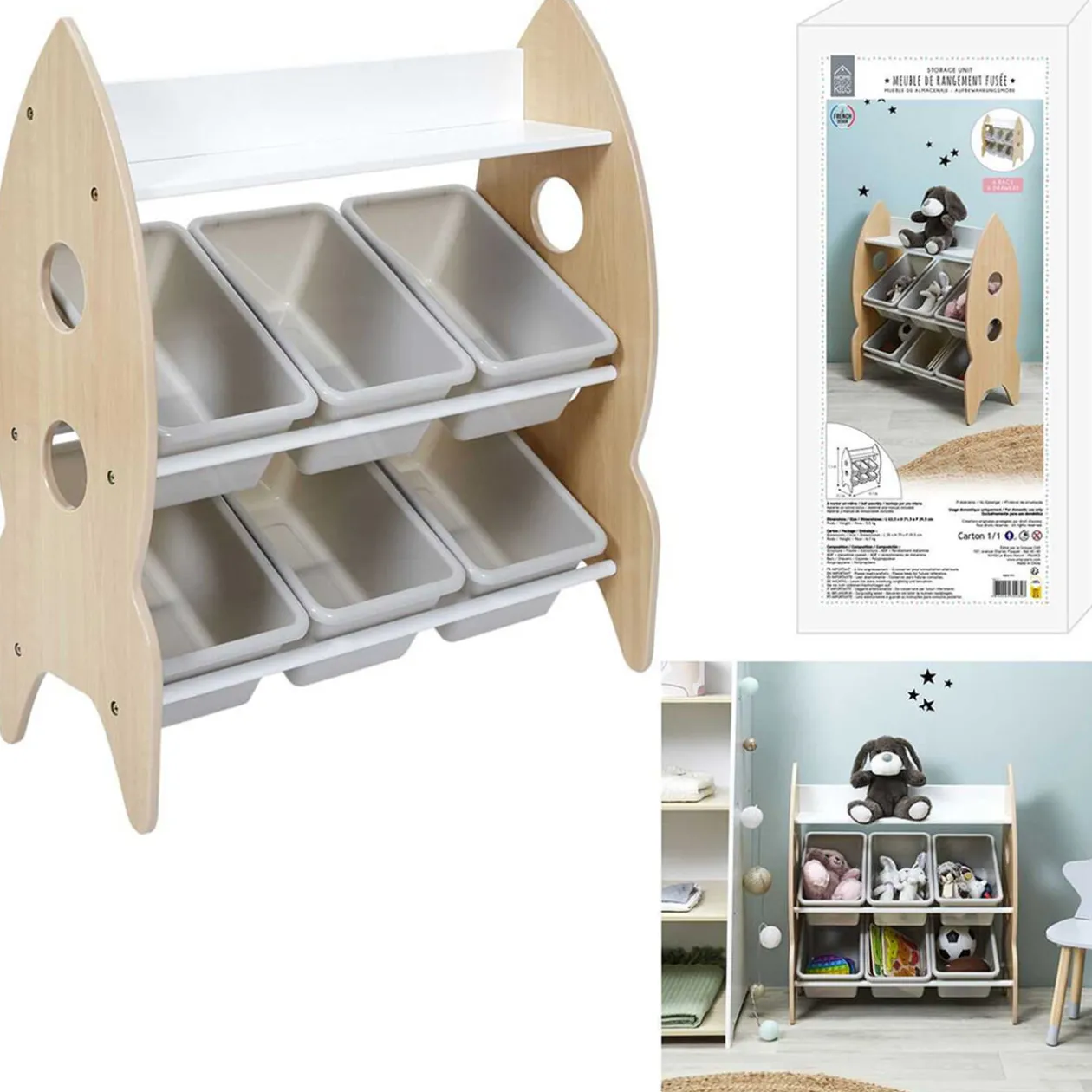 Meuble de rangement fusée 6 bacs 1 étagère en bois 63,3x29,5xH71,5cm