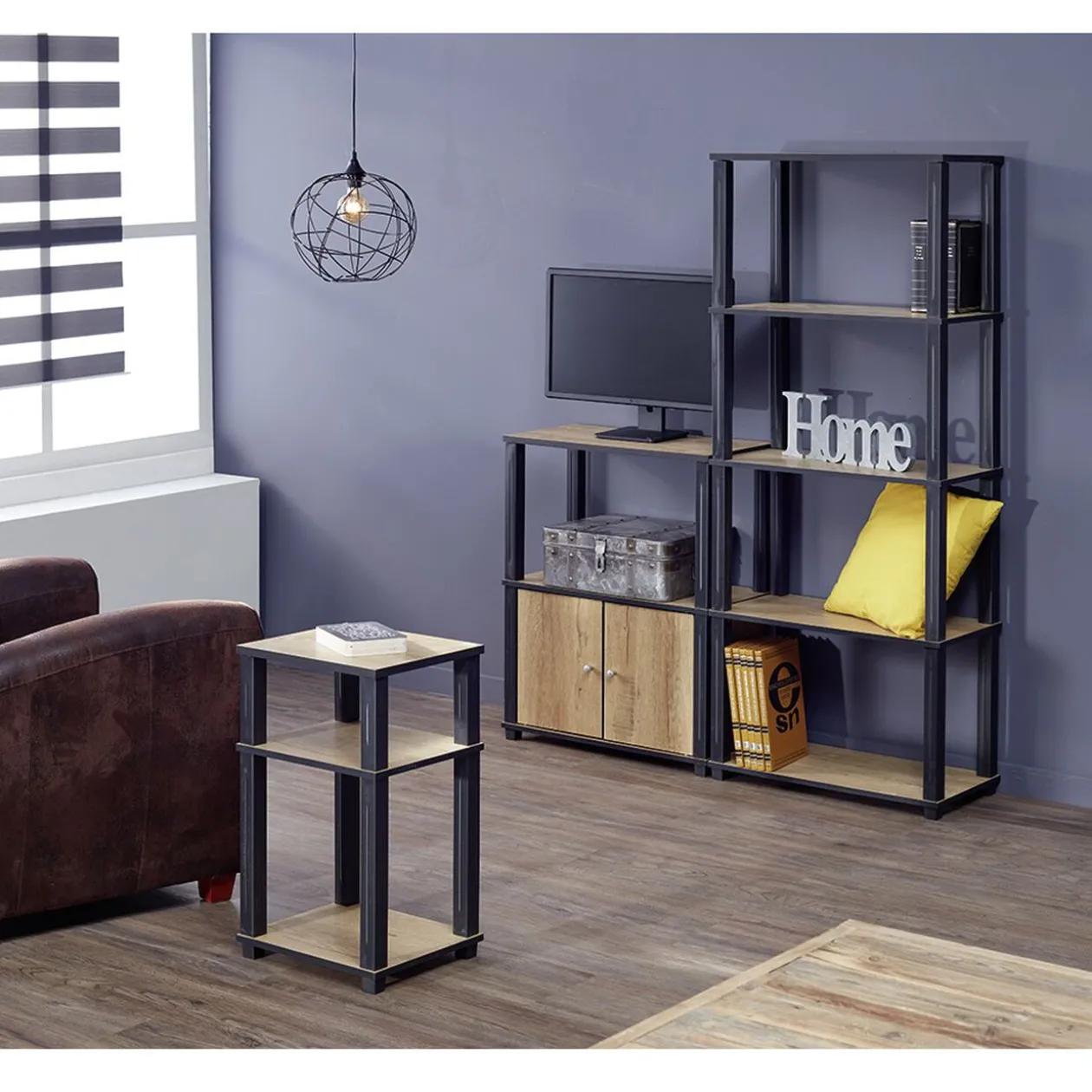 Meuble TV hifi bois 2 étagères 1 niche naturel et noir