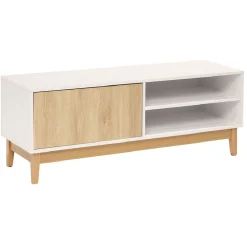Meuble TV Lida 2 niches 1 porte en bois naturel et blanc