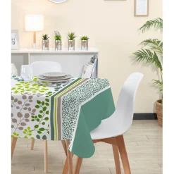 Nappe carrée blanche imprimée feuilles vertes