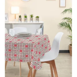 Nappe carrée blanche motif carreau de ciment rouge et gris