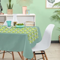 Nappe et chemin de table motif feuilles vert