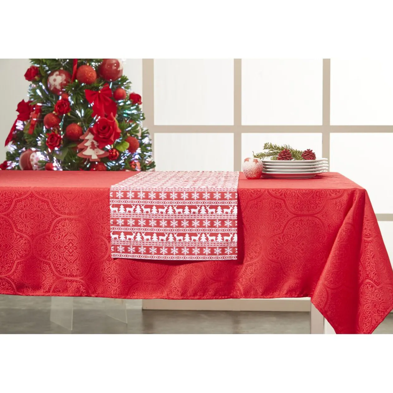 Nappe jacquard rouge motif arabesque L 250 cm