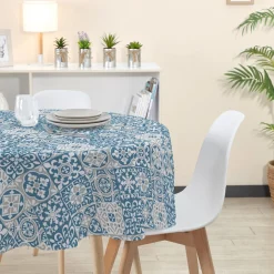 Nappe motif carreaux de ciment blanc bleu ronde