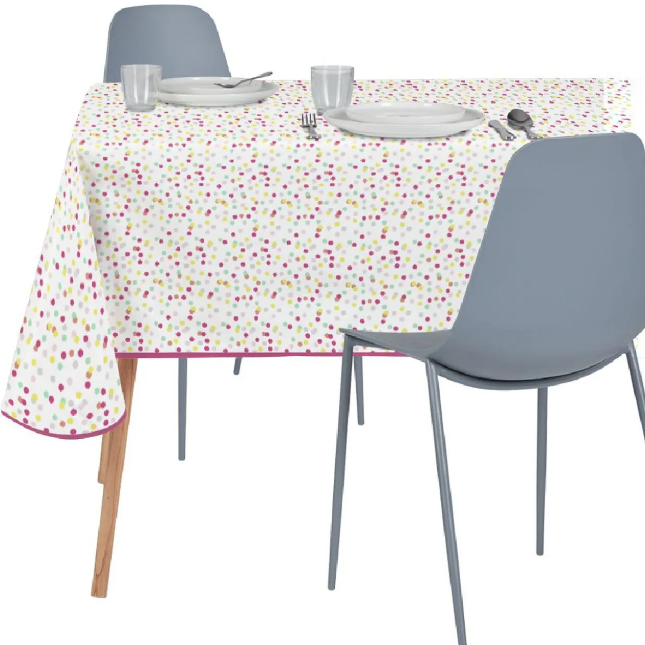 Nappe polyester imprimé pois multicolore biais rose 140x250 cm