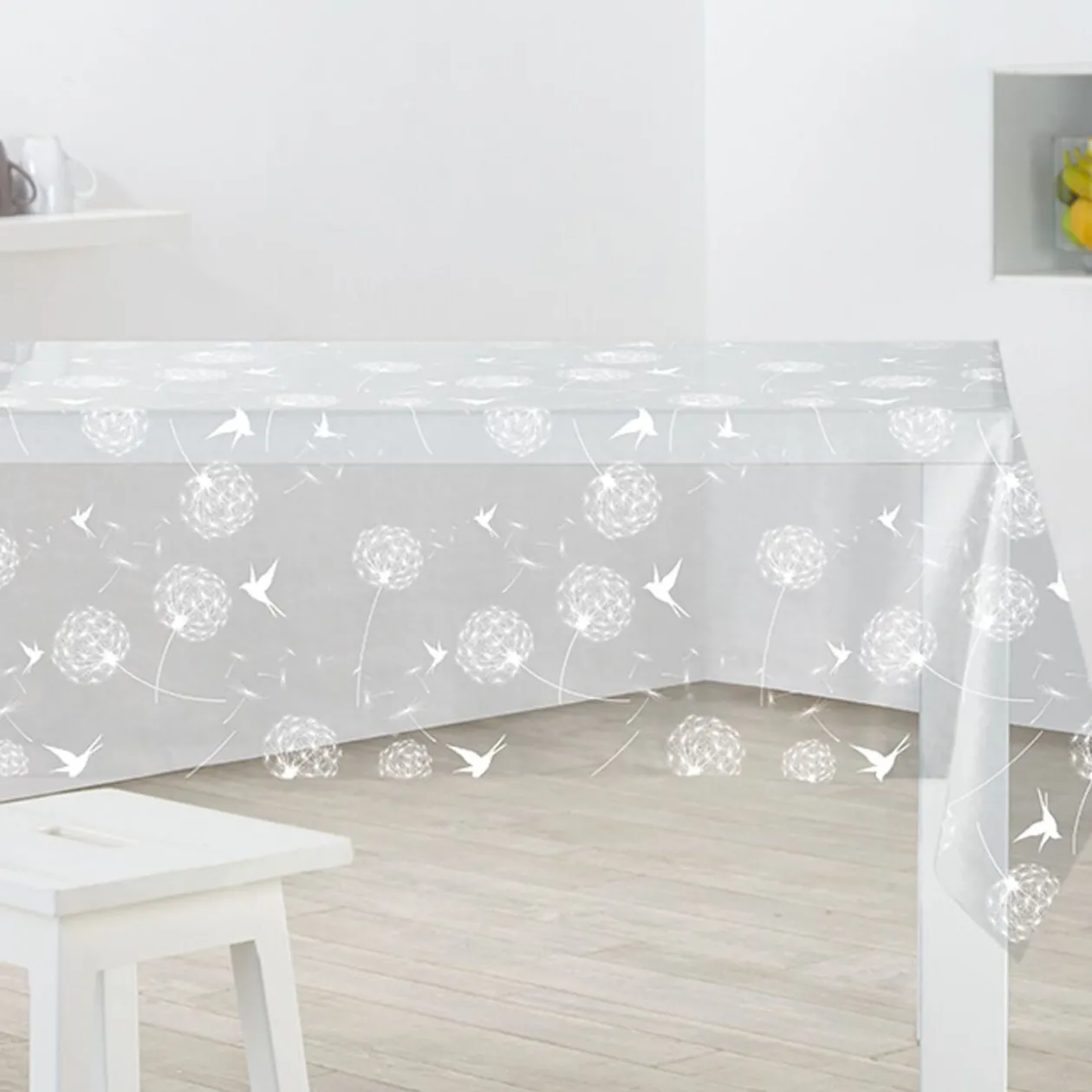 Nappe rectangulaire cristal transparent motif oiseaux blancs 140x240 cm
