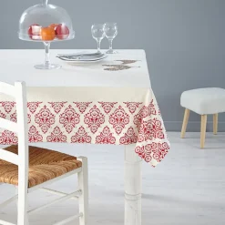 Nappe rectangulaire crème design poule et fleurs rouges