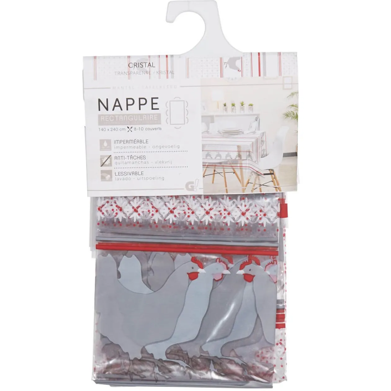 Nappe rectangulaire en plastique transparent motif poule