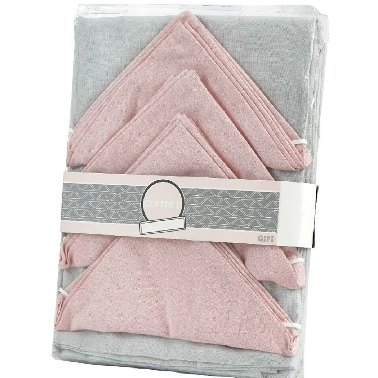 Nappe rectangulaire grise et 4 serviettes rose