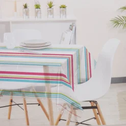 Nappe rectangulaire transparente motif rayures multicolores